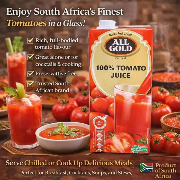 All Gold Tomato Juice 1 litre carton with 100% natural tomato juice, preservative-free, and rich flavor.