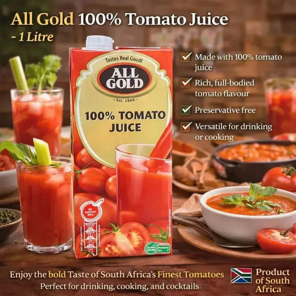 All Gold Tomato Juice 1 litre carton with rich, preservative-free South African tomato juice