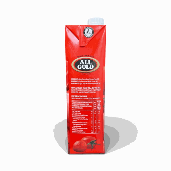 All Gold Tomato Juice 1 litre carton with rich natural tomato flavor, preservative-free and versatile for cooking and drinking