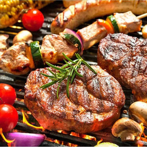 Grilled juicy meat and vegetable skewers seasoned with All Joy Meat Marinade on barbecue grill