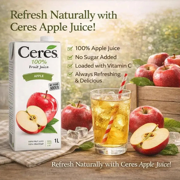 Ceres 1 litre bottle of 100% apple juice, no sugar added, natural apple flavor, source of Vitamin C