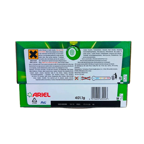 Back of Ariel All-in-1 Washing Pods box showing ingredients, safety warnings and 401.1g pack details
