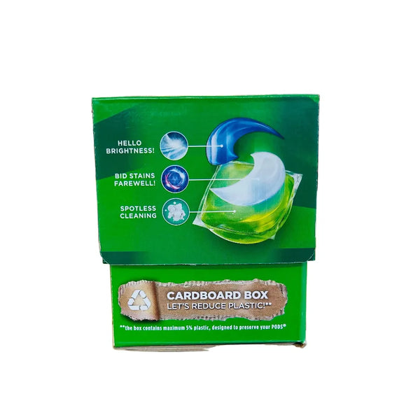Side of Ariel All-in-1 Washing Pods box showing pod benefits and reduced-plastic cardboard packaging
