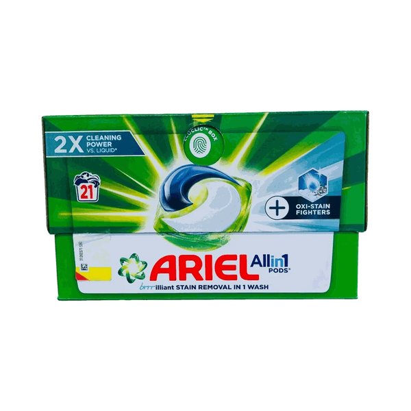 Front of Ariel All-in-1 Washing Pods 21-pack with Oxi-Stain Fighters