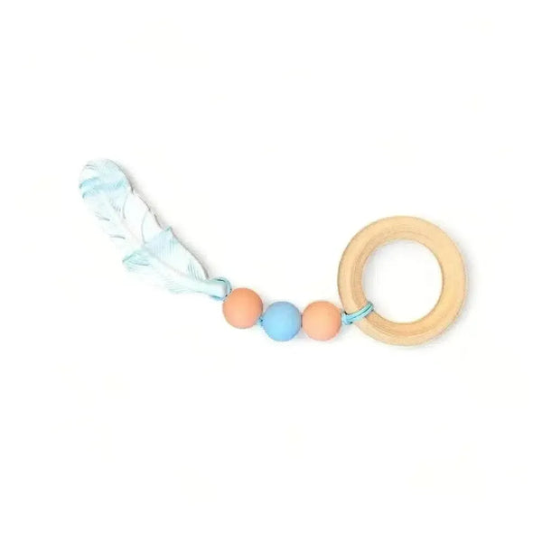 Natural wooden baby teething ring with silicone beads, 40mm diameter, safe and untreated beechwood.