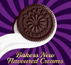 Bakers Choc-o-Break Chocolate Biscuits with vanilla cream on purple and white swirled background.