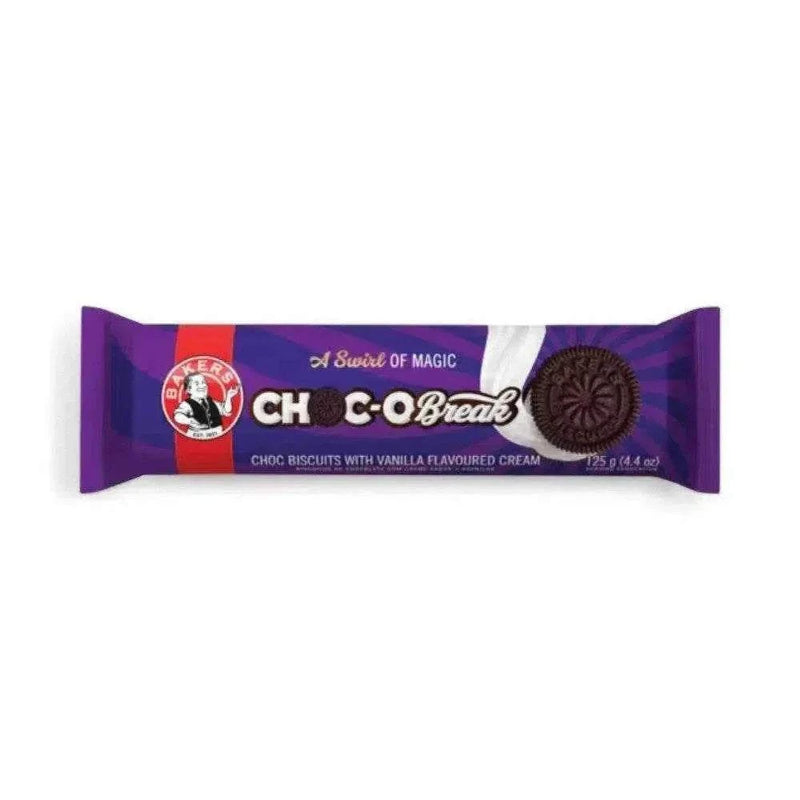 Bakers Choc-o-Break Chocolate Biscuits 125g packaging with chocolate biscuit and vanilla cream filling.