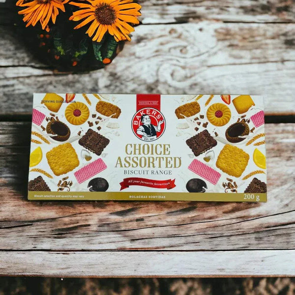 Bakers Choice Assorted biscuits 200g box with variety of cream-filled cookies on wooden table