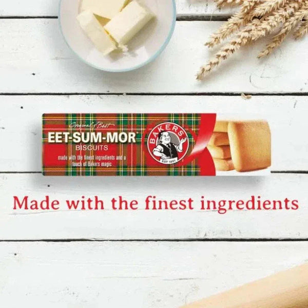 Bakers Eet-Sum-Mor shortbread biscuits package with butter and wheat on wooden surface