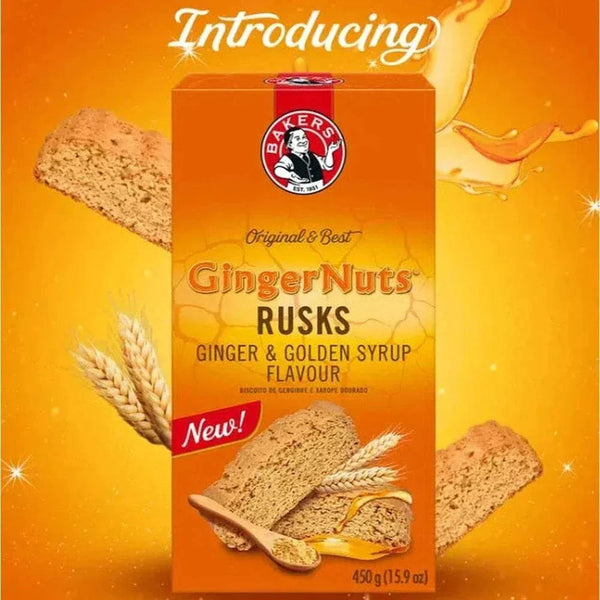 Bakers Ginger Nuts Ginger & Golden Syrup Flavour Rusks 450g packaging, featuring crunchy rusks with spicy ginger and rich syrup flavor, ideal snack anytime.