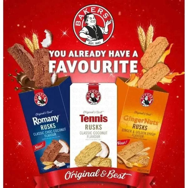 Bakers Ginger Nuts Ginger and Golden Syrup Flavour Rusks 450g packaging and crunchy snack pieces