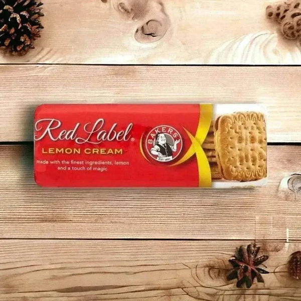 Bakers Red Label Lemon Creams biscuits 200g pack with vanilla exterior and tangy lemon cream filling
