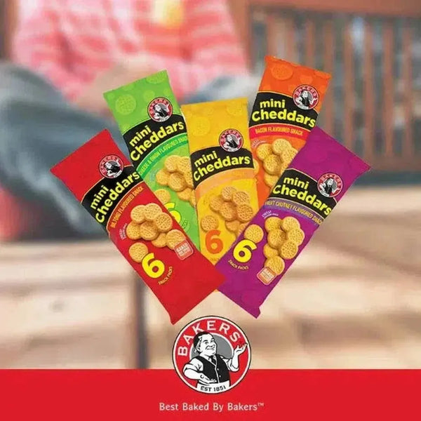 Bakers Mini Cheddars Bacon multipack 33g snack packs with cheesy smoky flavor