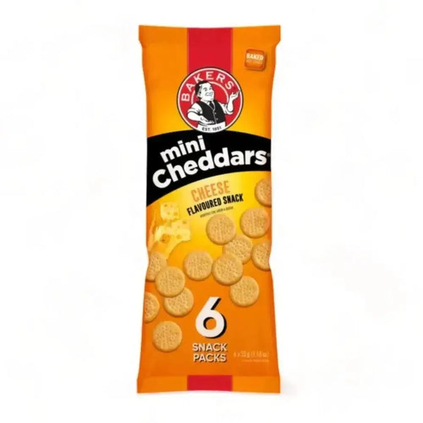 Pack of 6 Bakers Mini Cheddars cheese snacks 33g each for on-the-go cheddar flavor
