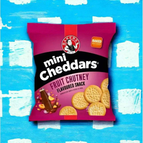 Bakers Mini Cheddars multipack with tangy fruit chutney flavor in 33g packs, set of six