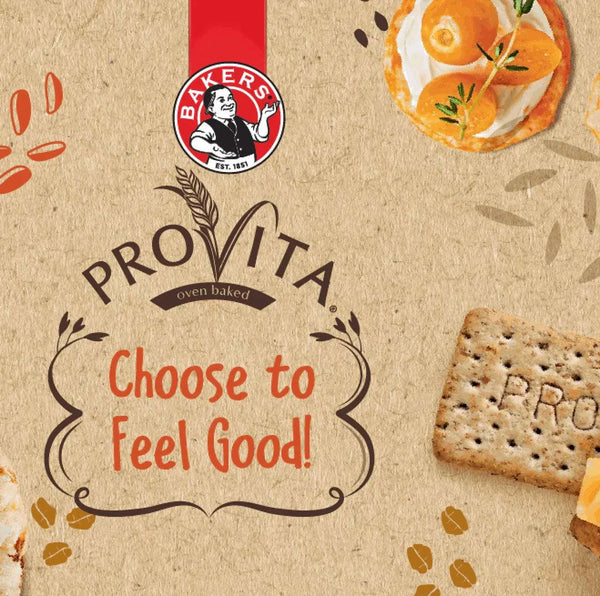 Bakers Provita biscuits packaging with wholewheat crispbread and slogan "Choose to Feel Good".