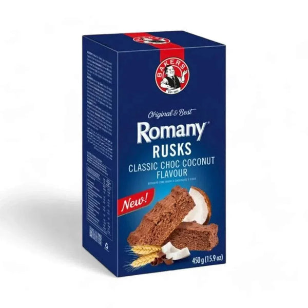 Bakers Romany Classic Choc Coconut Flavour Rusks 450g box with chocolate and coconut imagery.