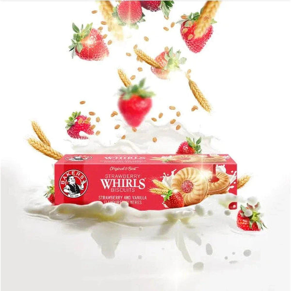 Bakers Strawberry Whirls - 200g with real strawberry juice in vibrant packaging, featuring a swirl design and surrounded by fresh strawberries.