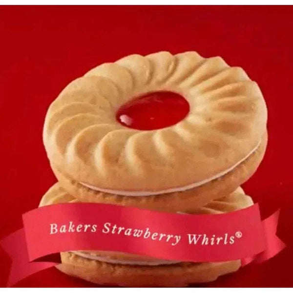 Bakers Strawberry Whirls - 200g, red swirl biscuits with strawberry center.
