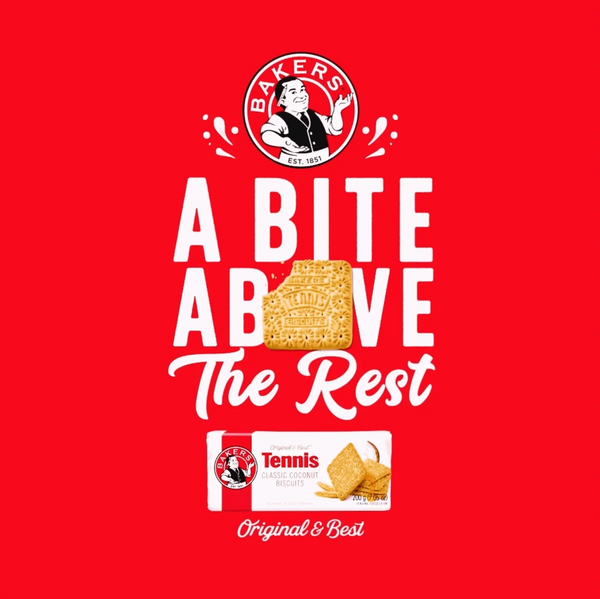 Bakers Tennis Biscuits 200g packaging with the text "A Bite Above The Rest" featuring biscuit images.