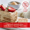 Layered custard slice dessert with Bakers Tennis Biscuits, topped with fresh strawberries; no-bake recipe.