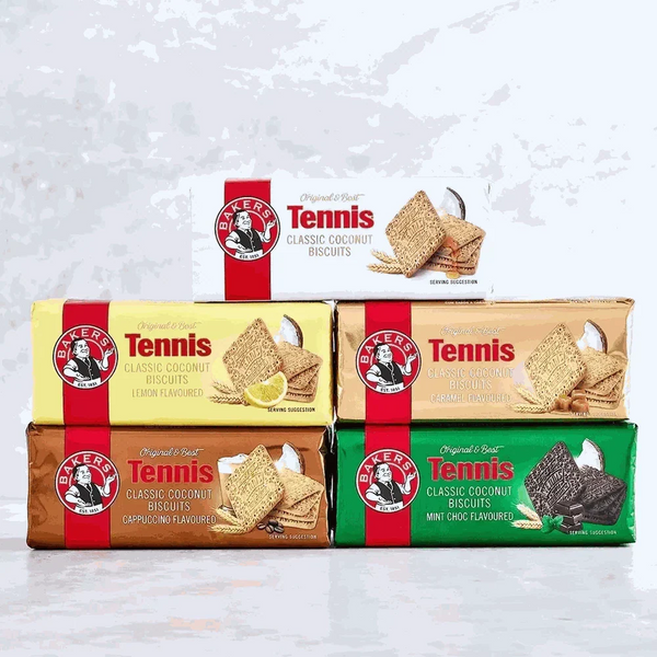 Pack of 12 Bakers Tennis Biscuits with classic coconut flavor and crispy texture, perfect for tea time or dessert base.