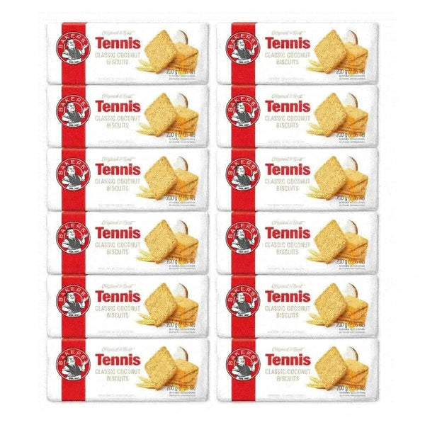 Pack of 12 Bakers Tennis Biscuits with classic coconut flavor and crispy texture