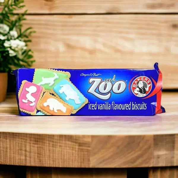Bakers Zoo Biscuits 150g packet with colorful iced animal shapes on biscuits.