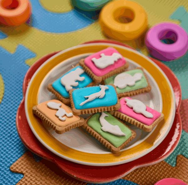 Bakers Zoo Biscuits 150g featuring colorful iced animal shapes on a plate.