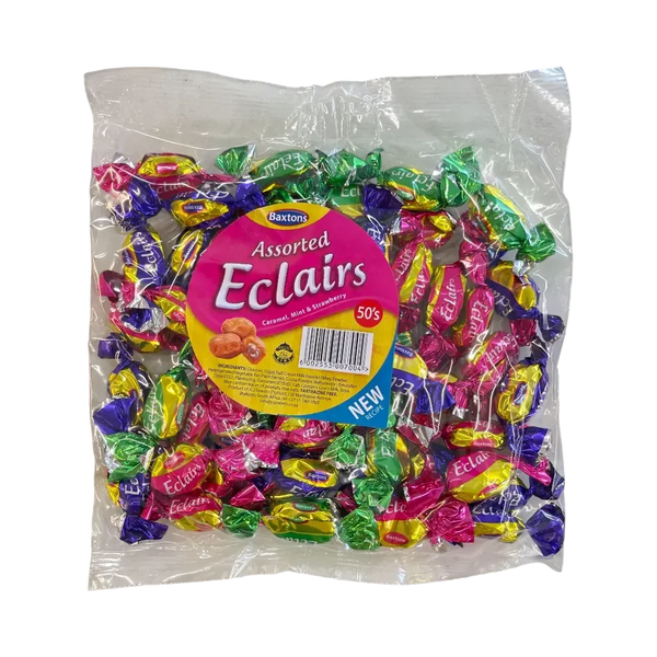 Baxtons Assorted Eclairs 50s pack with caramel, mint, and strawberry flavors individually wrapped for sharing