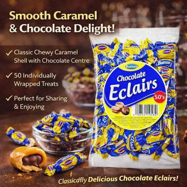 Baxtons Chocolate Eclairs pack of 50 individually wrapped caramel sweets with creamy chocolate center