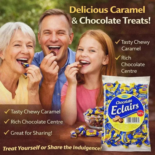 Baxtons Chocolate Eclairs pack with chewy caramel shells and creamy chocolate centers, 50 individually wrapped treats ideal for sharing and parties