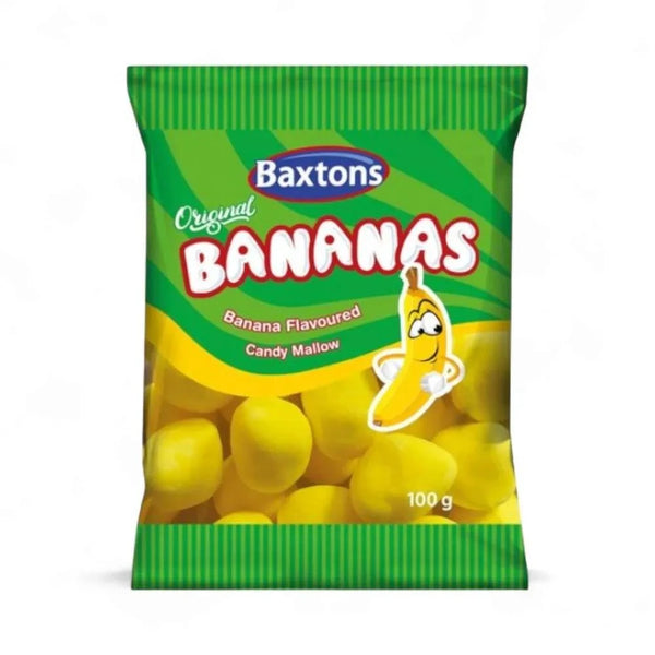 Baxtons Mallow Banana flavored candy, 100g pack, crunchy and fluffy treat.
