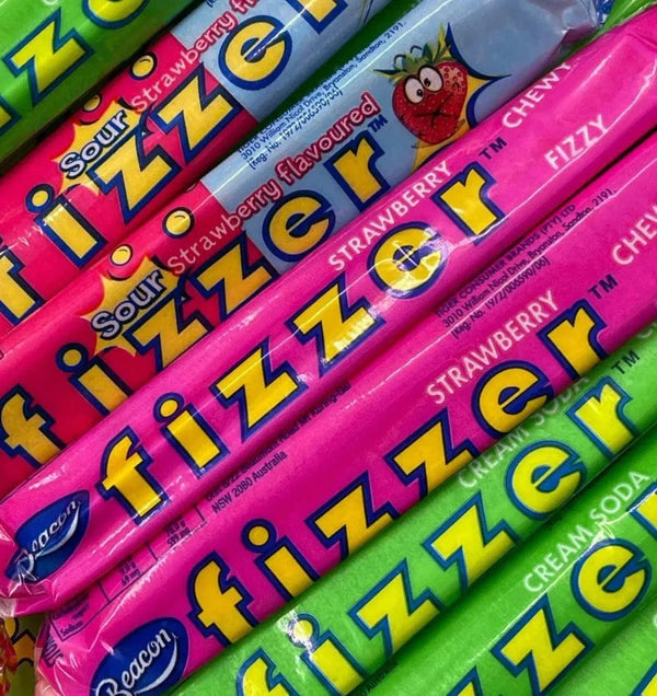 Beacon FIZZER Strawberry candy pack of 24, colorful packaging with fizzy and chewy texture.