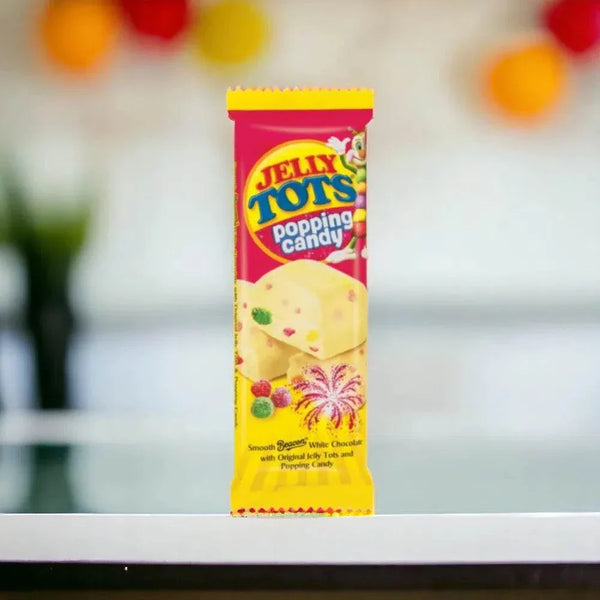 Beacon Jelly Tots & Popping Candy White Chocolate Slab 80g with vibrant packaging.