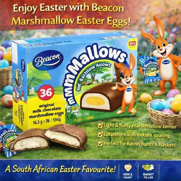 Beacon Marshmallow Easter Eggs with fluffy marshmallow center and creamy milk chocolate coating, perfect for Easter celebrations.
