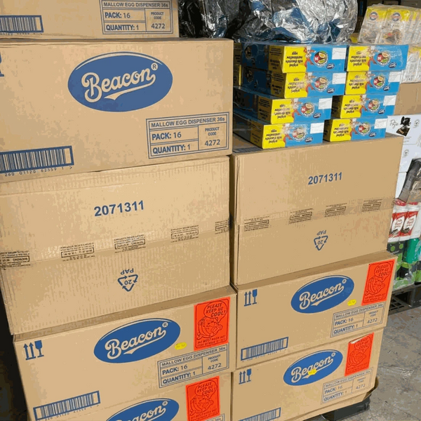 Beacon Marshmallow Easter Eggs stacked in warehouse, ideal for Easter celebrations in New Zealand.