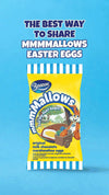 Milk chocolate marshmallow Easter eggs packaging with playful design; perfect for Easter egg hunts in New Zealand.