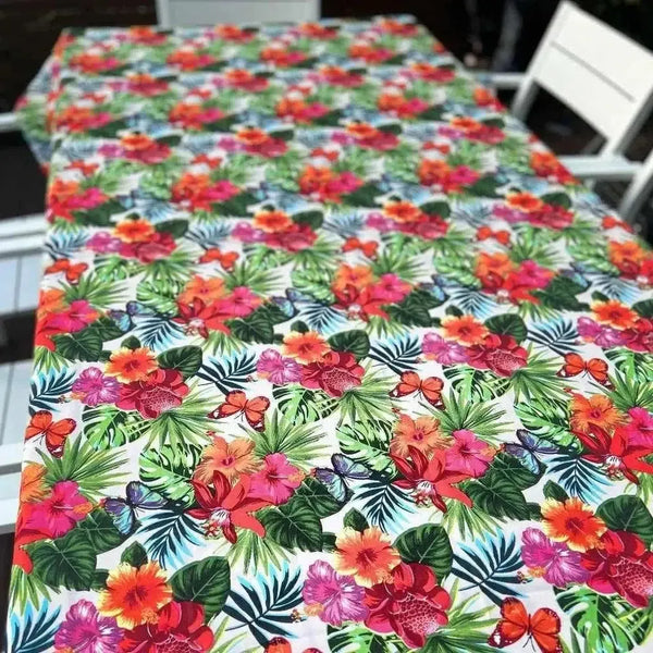 Beige tablecloth with vibrant tropical flowers on durable fabric, 275cm x 140cm