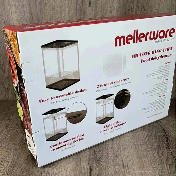 Mellerware Biltong Dryer with hanging rods and drying shelves for drying biltong, droëwors, fruit, and vegetables.