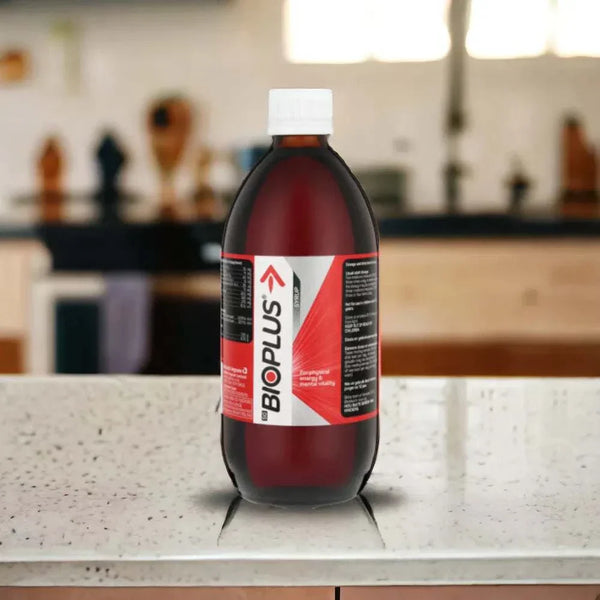 Bioplus Syrup 500ml bottle caffeine-based energy supplement with B vitamins for fatigue and focus