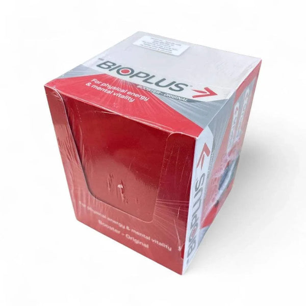 Box of Bioplus Syrup Sachets Original 10ml for physical energy and mental vitality, containing B-vitamins, calcium, and caffeine.
