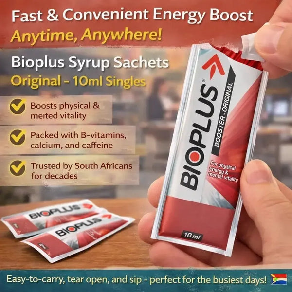 Bioplus Syrup Sachets Original 10ml single-use energy booster with B-vitamins, calcium, and caffeine