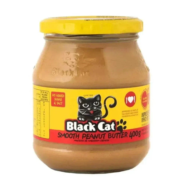 Black Cat Peanut Butter smooth 400g jar with no sugar or salt, high protein snack