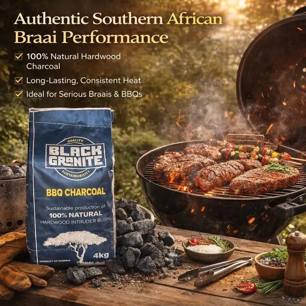 4kg bag of Black Granite Charcoal made from 100% natural hardwood for sustainable South African BBQs and braais