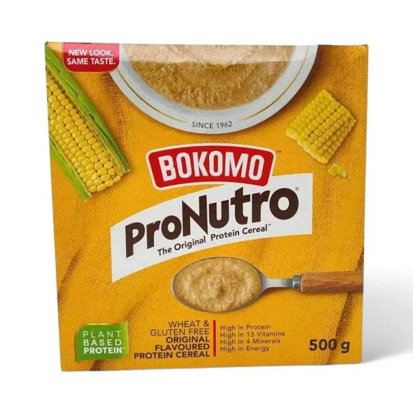 Bokomo ProNutro Original 500g cereal box with plant-based protein, high in vitamins and minerals.