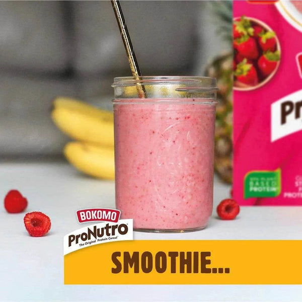 Bokomo ProNutro strawberry smoothie with bananas and raspberries.