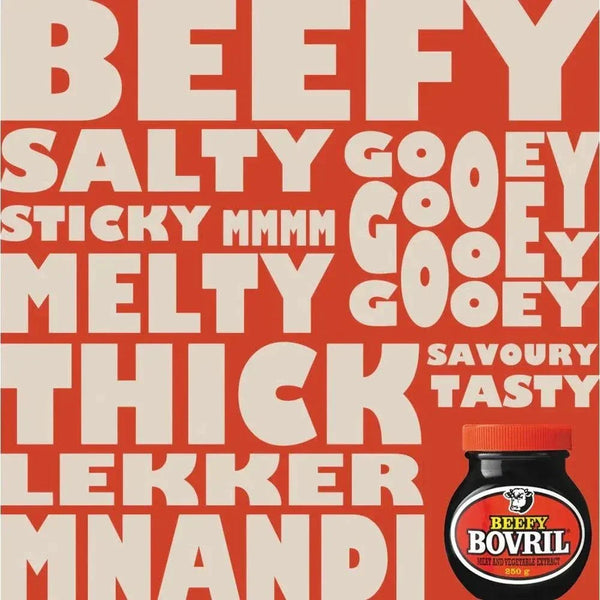 Beefy Bovril jar with bold words like thick, salty, gooey, and savory on red background