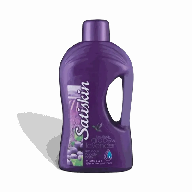 Satinskin Luxury Bubble Bath 2L Grape and Lavender bottle with bubbles