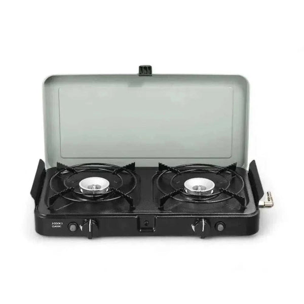 Portable CADAC 2 Cook 3 Pro Deluxe gas barbecue with dual burners and GreenGrill ceramic plates for versatile outdoor cooking